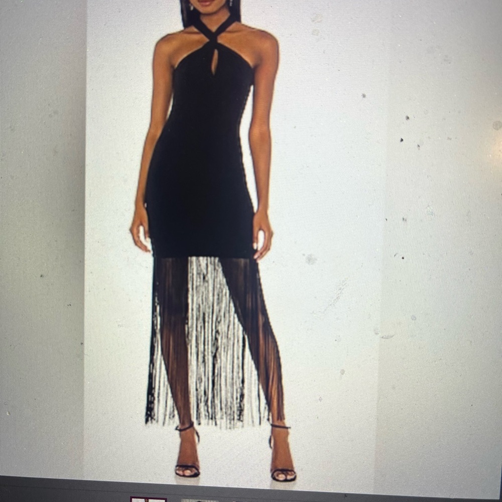 Black Fringe Halter Midi Dress